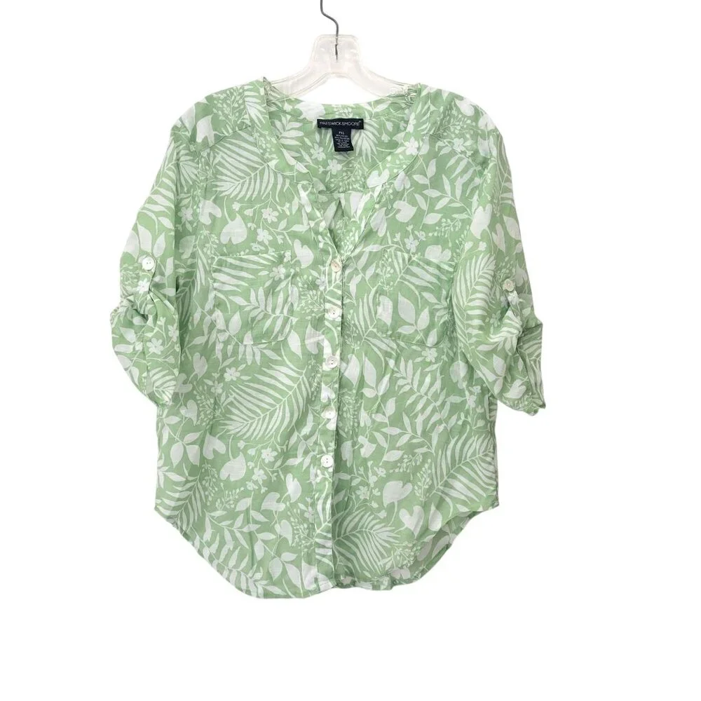 Preswick & Moore Womens Green & White Floral Button-Up Blouse XL Roll-Up Sleeves - Picture 1 of 4